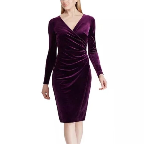 Lauren Ralph Lauren Purple Velvet V-Neck Long Sleeve Midi Sheath Dress - Picture 1 of 11